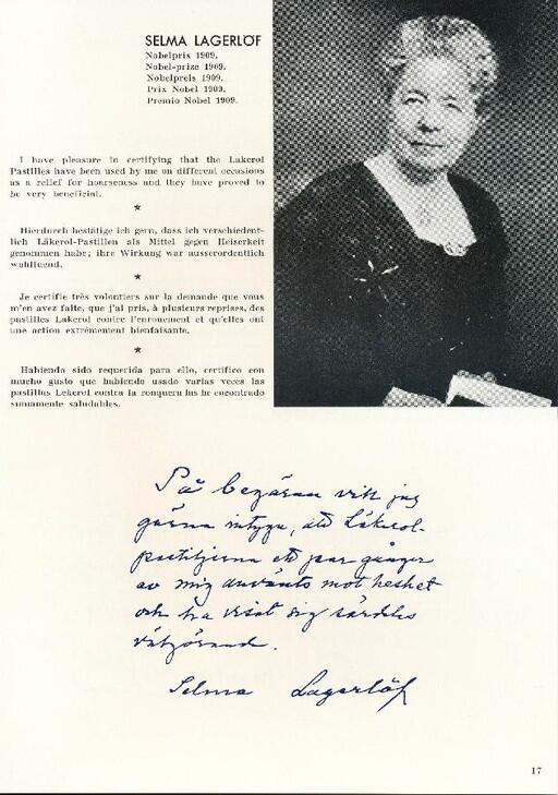 1910 berättade Selma Lagerlöf i en annons att hon använde Läkerol.